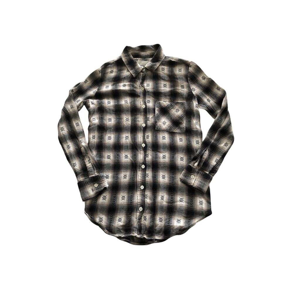 Southwestern Plaid Flannel Shirt Mudd Size Small Black Tan White Button Down